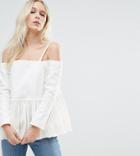 Asos Petite Denim Cold Shoulder Top With Pleated Peplum And Cuff Detail - White
