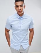Asos Design Stretch Slim Formal Work Shirt With Shirt Sleeves In Blue - Blue