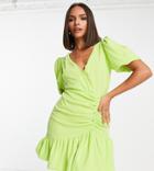 Missguided Puff Ball Wrap Dress In Lime-green