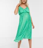 Asos Design Maternity Cami Plunge Midi Dress With Blouson Top In Polka Dot-green