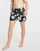 Asos Design Swim Shorts With Dark Based Floral Print Short Length-black