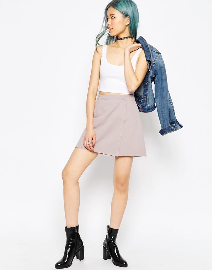 Asos Denim Wrap Mini Skirt In Washed Pink - Pink