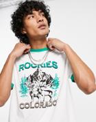 Asos Design Relaxed Ringer T-shirt In Off White And Green With Outdoors Print