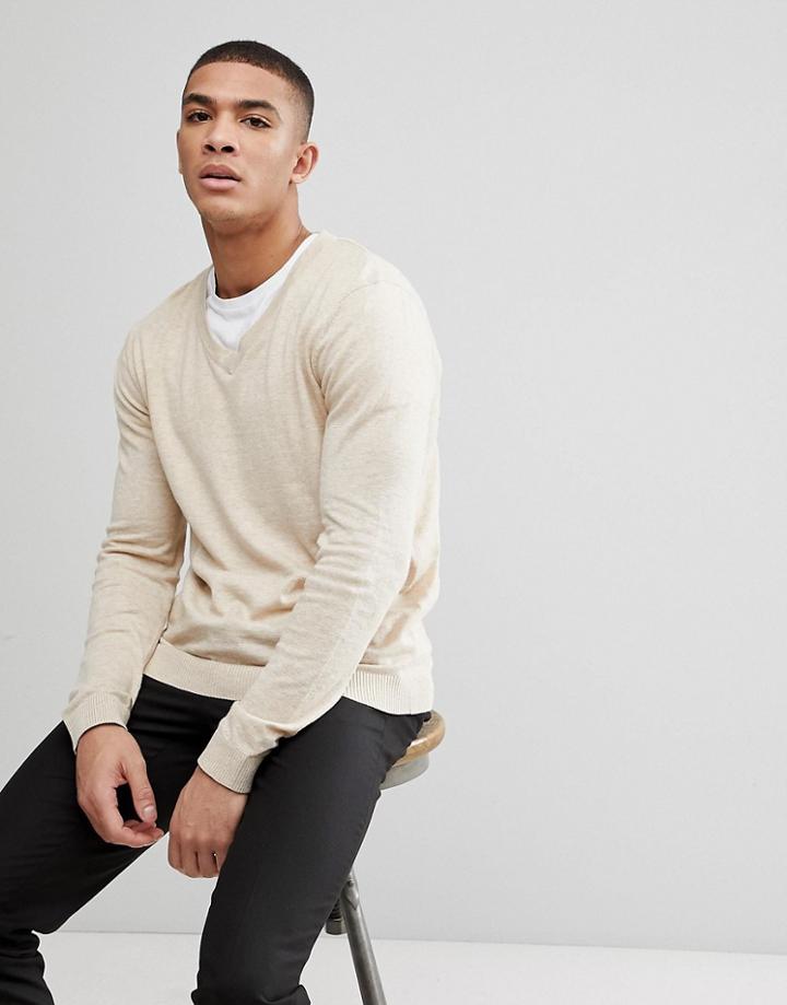 Asos V-neck Cotton Sweater In Oatmeal - Beige