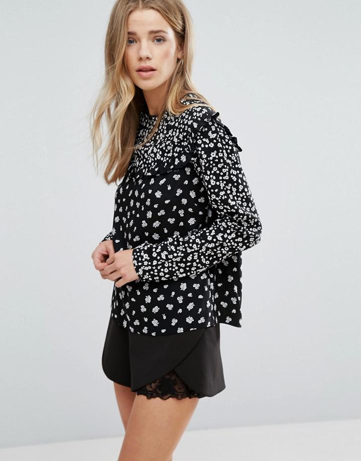 New Look Mixed Print Ruffle Blouse - Black