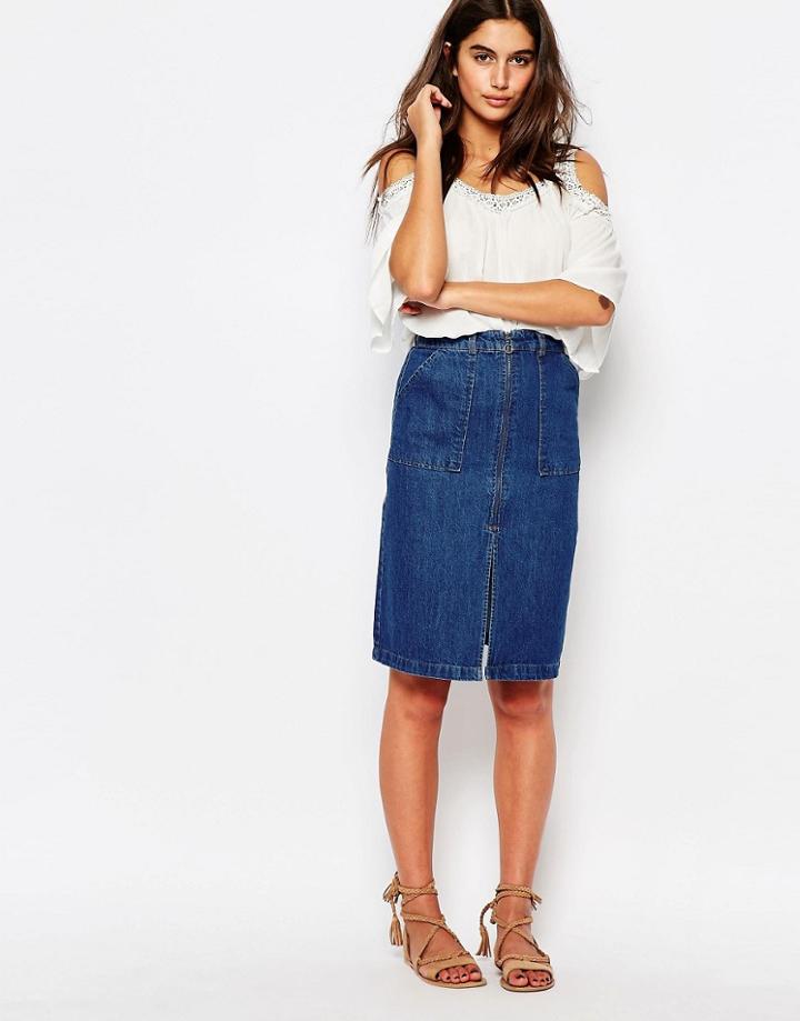 Pull & Bear Denim Zip Front Pencil Skirt - Blue