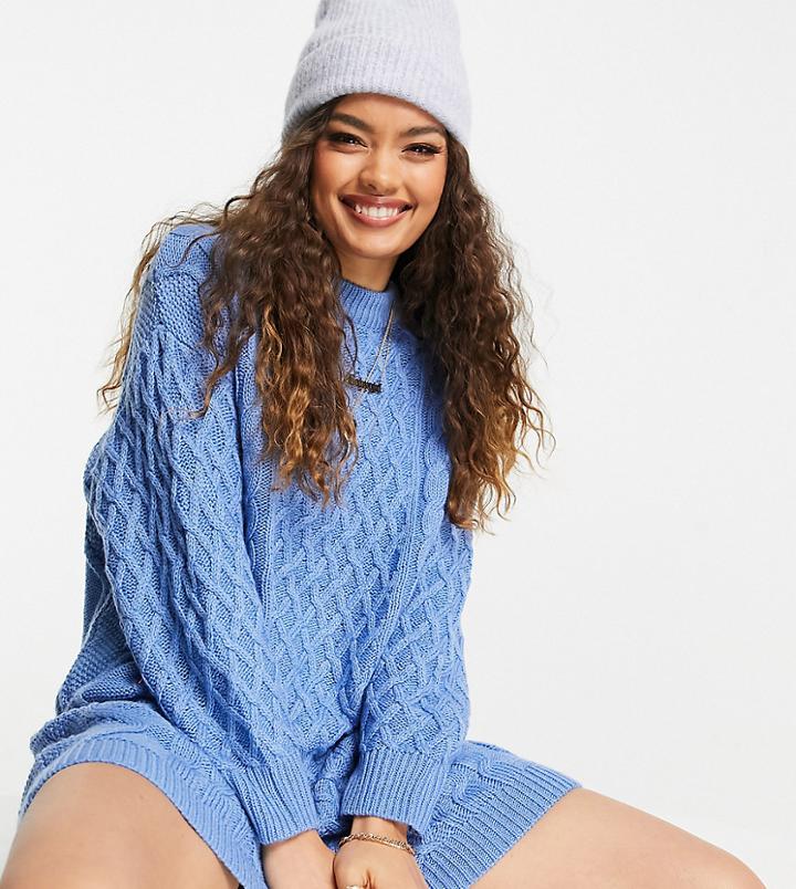 Asos Design Petite Knitted Mini Dress In Cable Knit In Blue-blues