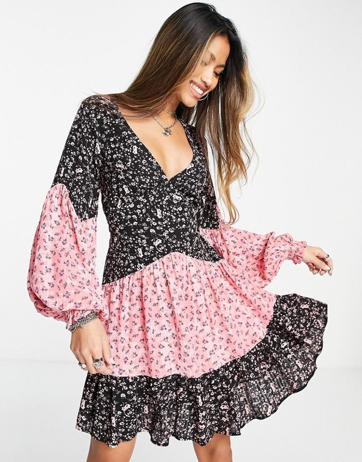 Topshop Mix And Match Floral Print Tie Back Mini Tea Dress In Pink And Black-multi
