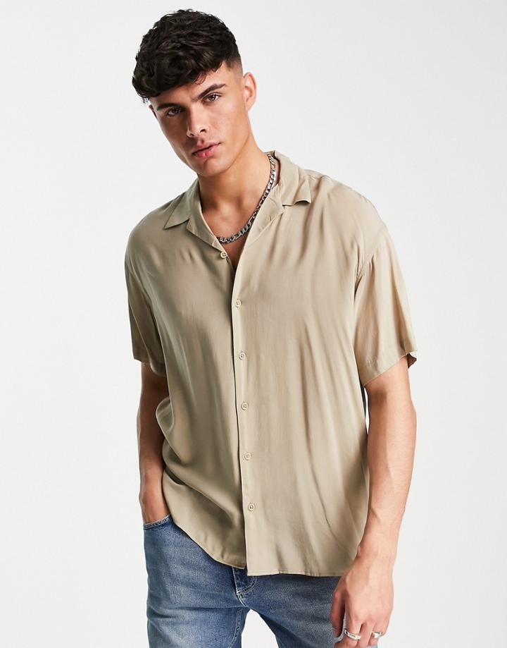 Jack & Jones Originals Oversized Revere Shirt In Beige-neutral