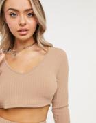 Femme Luxe Knitted Cropped Sweater And Skirt Two-piece In Camel-brown