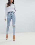 Asos Super High Rise Firm Skinny Jeans In Acid Wash Blue With Ripped Knees - Blue