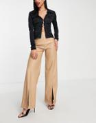 Rebellious Fashion Leather Look Wide Leg Pants In Stone-neutral