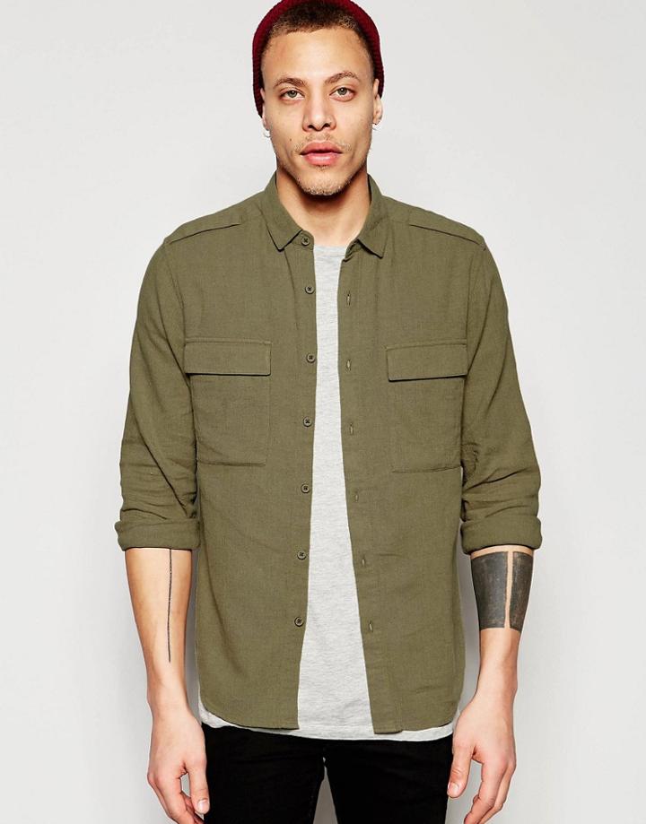 Asos Khaki Military Shirt In Regular Fit Linen Mix With Long Sleeves - Khaki