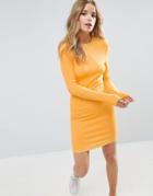 Asos Mini Body-conscious Dress In Rib With Long Sleeves - Orange