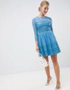 Asos Design Premium Lace Skater Mini Dress With Long Sleeves-blue