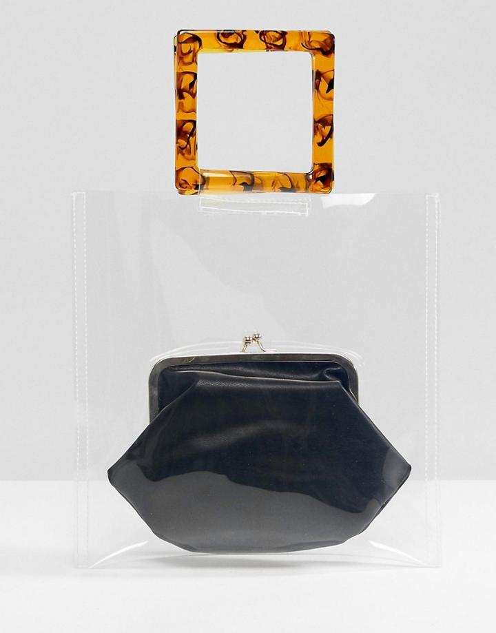 Asos Design Plastic & Tort Grab Handle Bag With Frame Clutch Inner - Clear