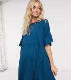 Asos Design Maternity Oversized Frill Sleeve Smock Dress In Navy Blue