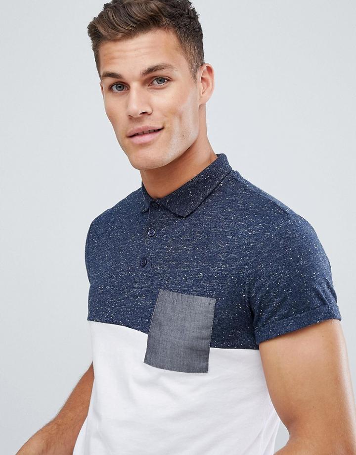Asos Design Polo With Nepp Yoke And Chambray Pocket - White
