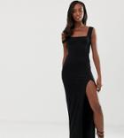 Asos Design Tall Square Neck Mixed Fabric Maxi Dress With Split - Black