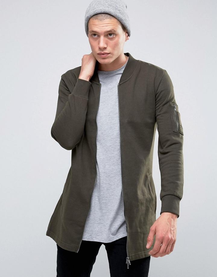Brave Soul Longline Sweat Jacket - Green