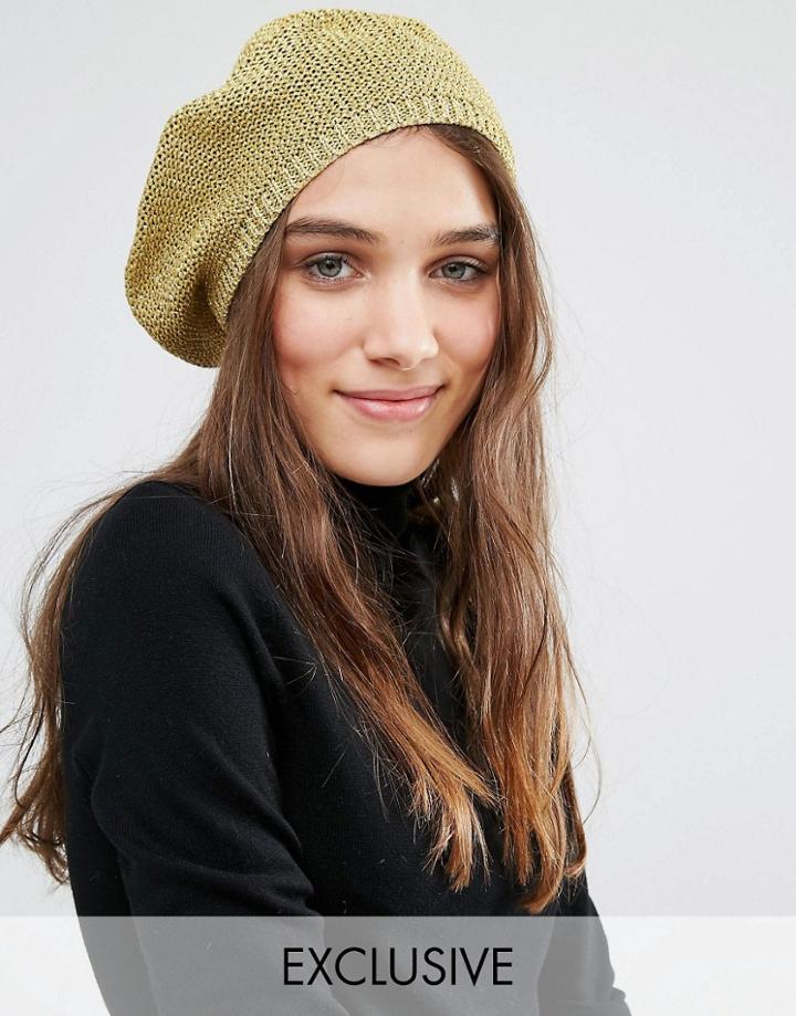 Stitch & Pieces Metallic Gold Knit Beret - Gold