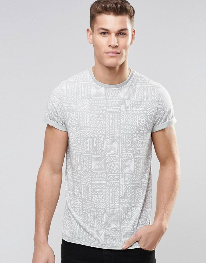 Asos T-shirt With Burnout Wash And Geo-tribal Print - Blue Surf