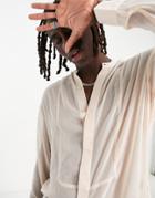 Asos Design Sheer Crepe Shirt With Half Placket And Grandad Collar In Peach-pink