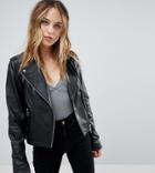 Asos Tall Leather Jacket With Ring Pull Details - Black
