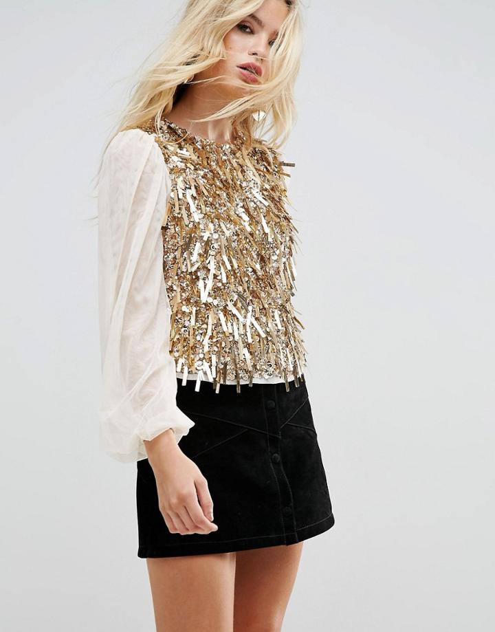 Asos Top With Pretty Embellishment & Balloon Sleeve - Gold