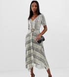 Asos Design Tall V Neck Midi Dress With Pleated Skirt And Belt In Snake Print - Multi