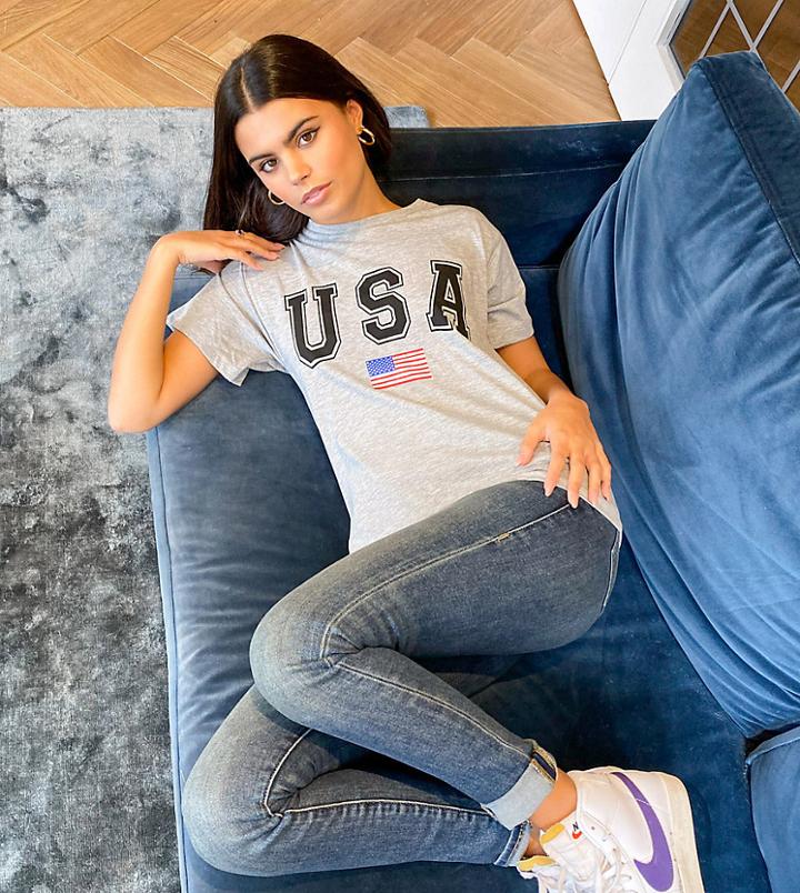 Asos Design Petite T-shirt With Usa Print In Gray Heather-grey