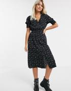 Influence Shirred Sleeve Midi Dress With Button Down Front In Mono Heart Print
