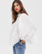 Asos Design Long Sleeve Cotton Smock Shirt With Embroidery Detail-white