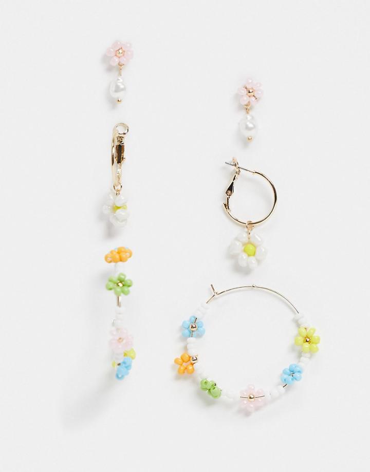 Asos Design 3-pack Earrings With Beaded Flower Designs In Gold Tone