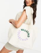 Asos Weekend Collective Canvas Tote Bag With Multi Print In Natural-neutral