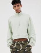 Asos Design Oversized Cropped Sweatshirt With Half Zip In Pale Green