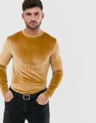 Asos Design Longline Long Sleeve T-shirt In Velour With Curved Hem In Brown