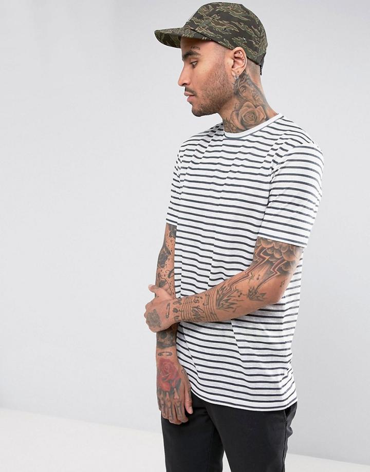 Asos Longline T-shirt In Linen Look Stripe Fabric - White