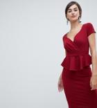 City Goddess Tall V Neck Peplum Midi Dress - Red
