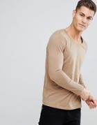 Asos Design Scoop Neck T-shirt With Long Sleeves In Beige - Brown