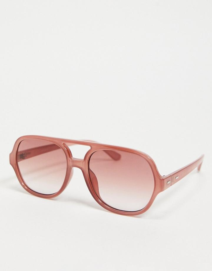 Asos Design Recycled Frame Brow Bar Plastic Aviator Sunglasses With Dusty Pink Lens