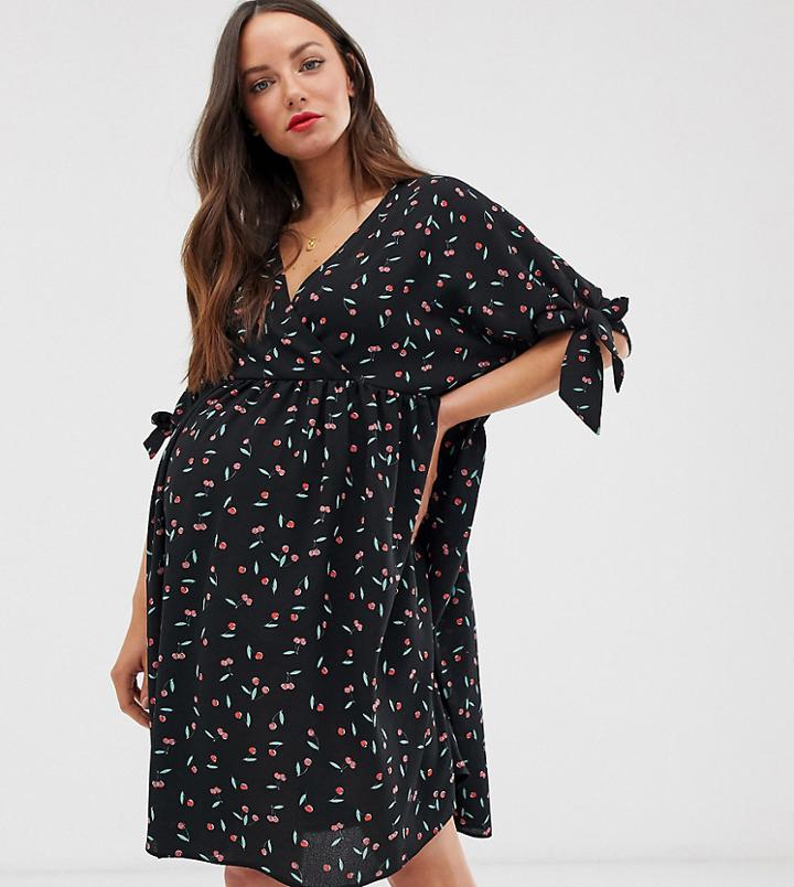 Asos Design Maternity Smock Wrap Mini Dress With Tie Sleeves In Cherry Print-multi