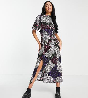 Violet Romance Tall Puff Sleeve Midi Dress In Patchwork Floral Print-multi