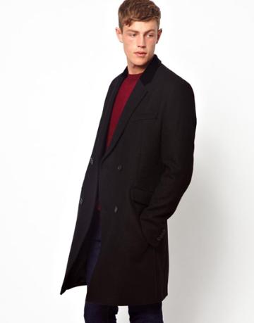 Asos Double Breasted Wool Overcoat In Black With Velvet Collar