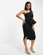 Asos Design One Shoulder Half Pephem Pencil Midi Dress In Black