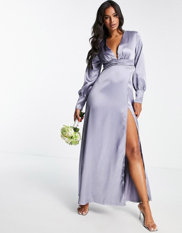 Blume Bridal Satin Plunge Front Maxi Dress With Wrap Skirt In Gray Blue