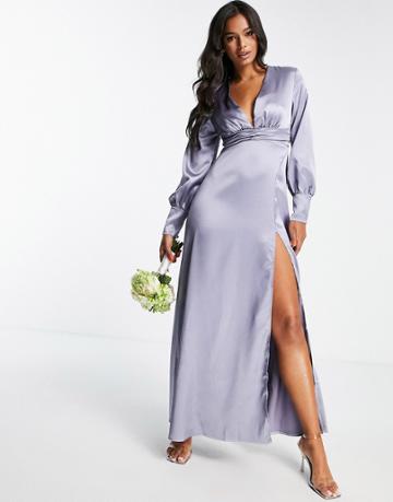 Blume Bridal Satin Plunge Front Maxi Dress With Wrap Skirt In Gray Blue