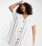 Asos Design Curve Broderie V Neck Smock Dress With Large Buttons In White