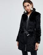 Lipsy Faux Fur Coat With Belt And Zip Front - Black