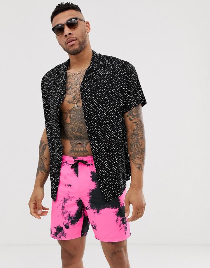 Asos Design Swim Shorts In Neon Pink Tie Dye Mid Length - Pink